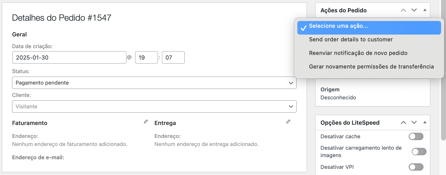 Ações do pedido no WooCommerce