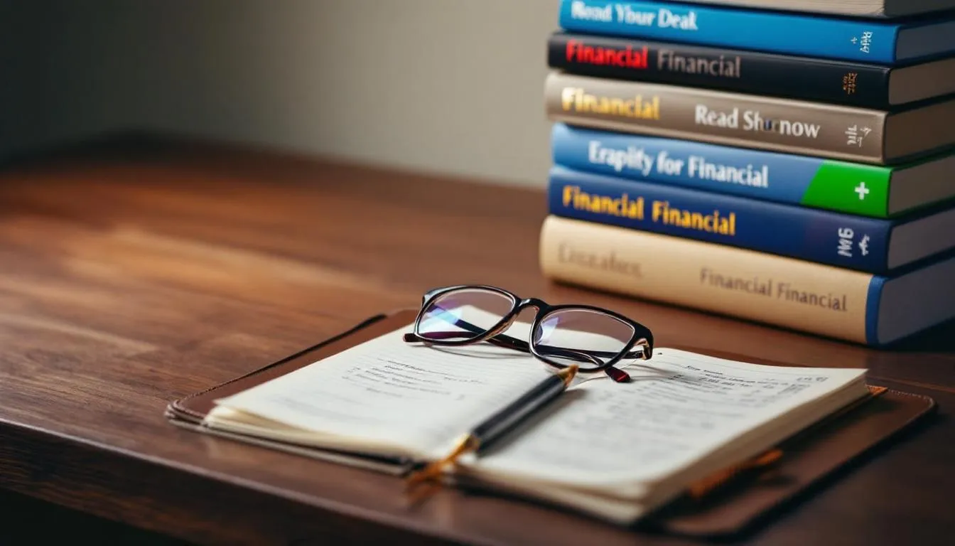 A stack of financial literacy books sits on a wooden desk, accompanied by reading glasses and a notebook, emphasizing the importance of personal finance and saving money for young people. The scene reflects a commitment to understanding investments, budgeting, and achieving financial goals.