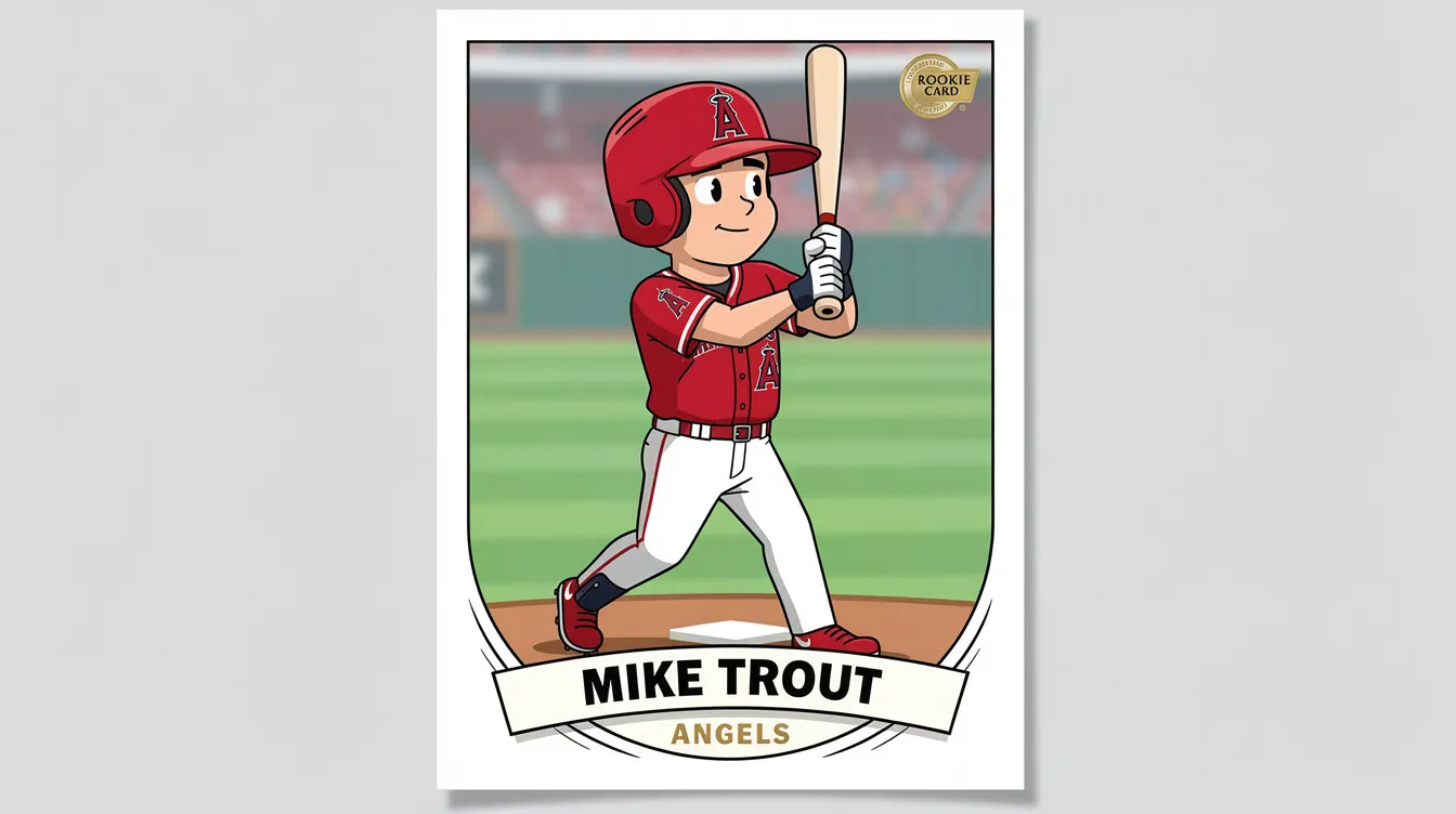 The image features a cartoon version of the 2011 Topps Update Mike Trout baseball card, showcasing the star player in his minor league uniform, with vibrant colors and exaggerated features typical of cartoon art. This collectible card is a representation of modern era baseball memorabilia, appealing to both collectors and investors alike.