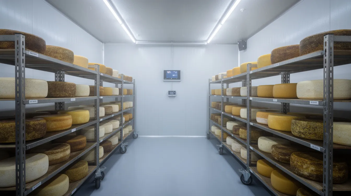 The image depicts an industrial cold storage room featuring stainless steel shelving, specifically designed for the ripening and maturation of various cheese types. This environment is crucial for cheese manufacturing plants, ensuring optimal conditions for the aging process and enhancing the final product's quality.