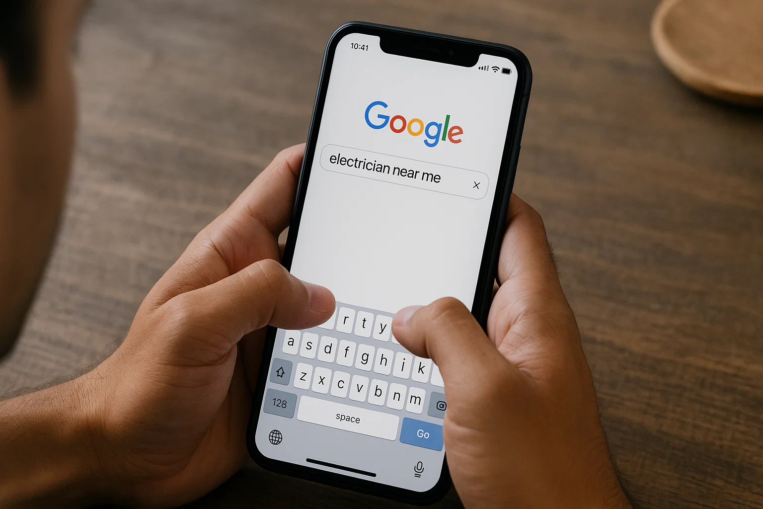 A person typing into Google search on a mobile phone, looking for a local service like “electrician near me”