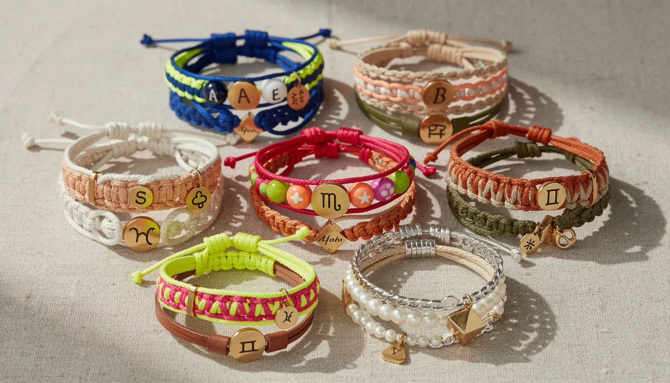 The image showcases a vibrant collection of beaded friendship bracelets, featuring a mix of bold colors and natural tones. Each bracelet is personalized with letter beads, showcasing unique words and patterns, making them perfect for layering and expressing individuality.