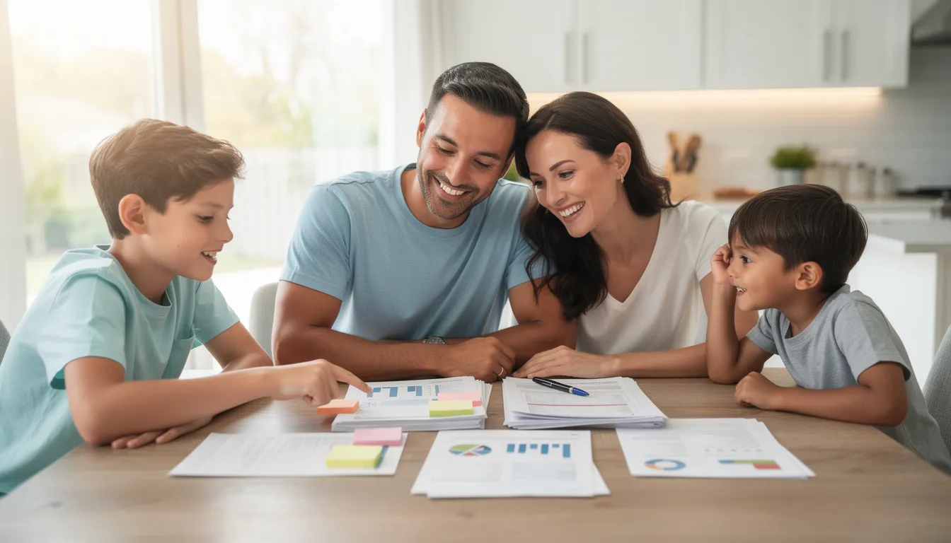 A happy family is gathered around a kitchen table, reviewing documents together, likely discussing their new car insurance policy and the necessary insurance coverage options for their vehicle. The atmosphere is warm and collaborative, reflecting their commitment to understanding their auto insurance needs.