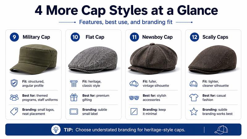 cap styles infographic showing military cap flat cap newsboy cap and scally caps with fit best use and branding notes