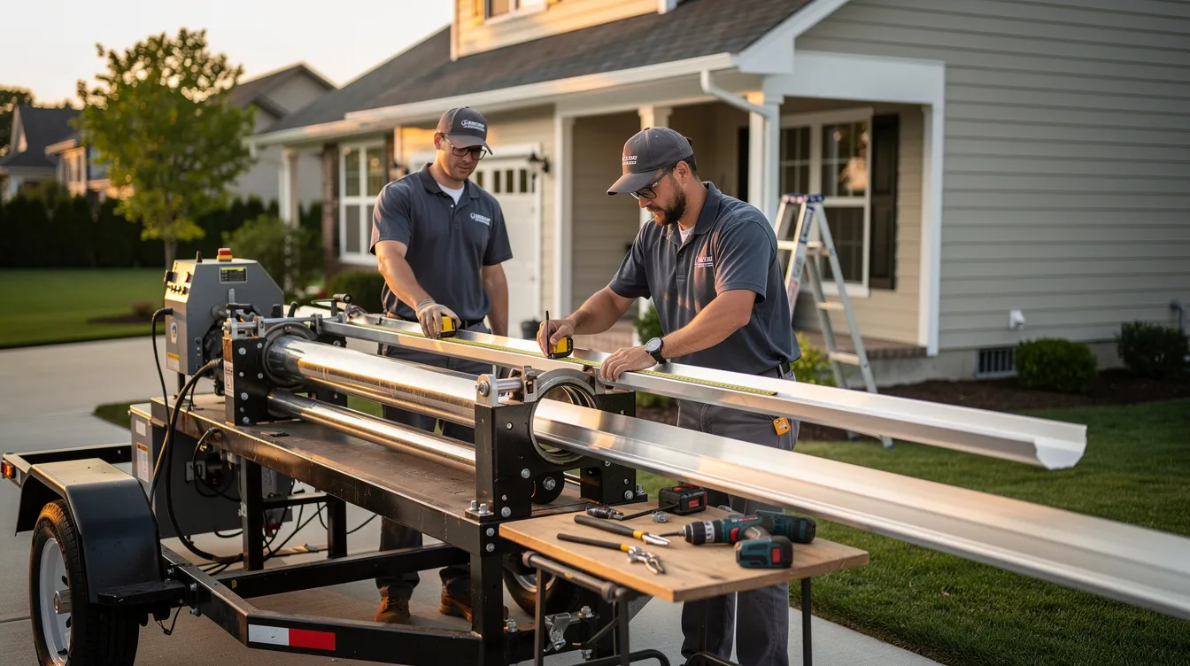 A team of professional gutter installers is using various tools to create a seamless aluminum gutter alongside a residential home, ensuring proper installation to prevent debris accumulation and manage water overflow during heavy rain. The workers are equipped with safety equipment and are focused on providing quality workmanship for the new gutter system.