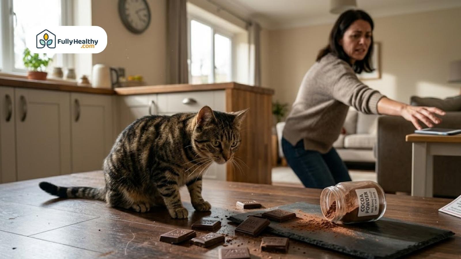 Cat near spilled cocoa powder and chocolate as owner reacts urgently