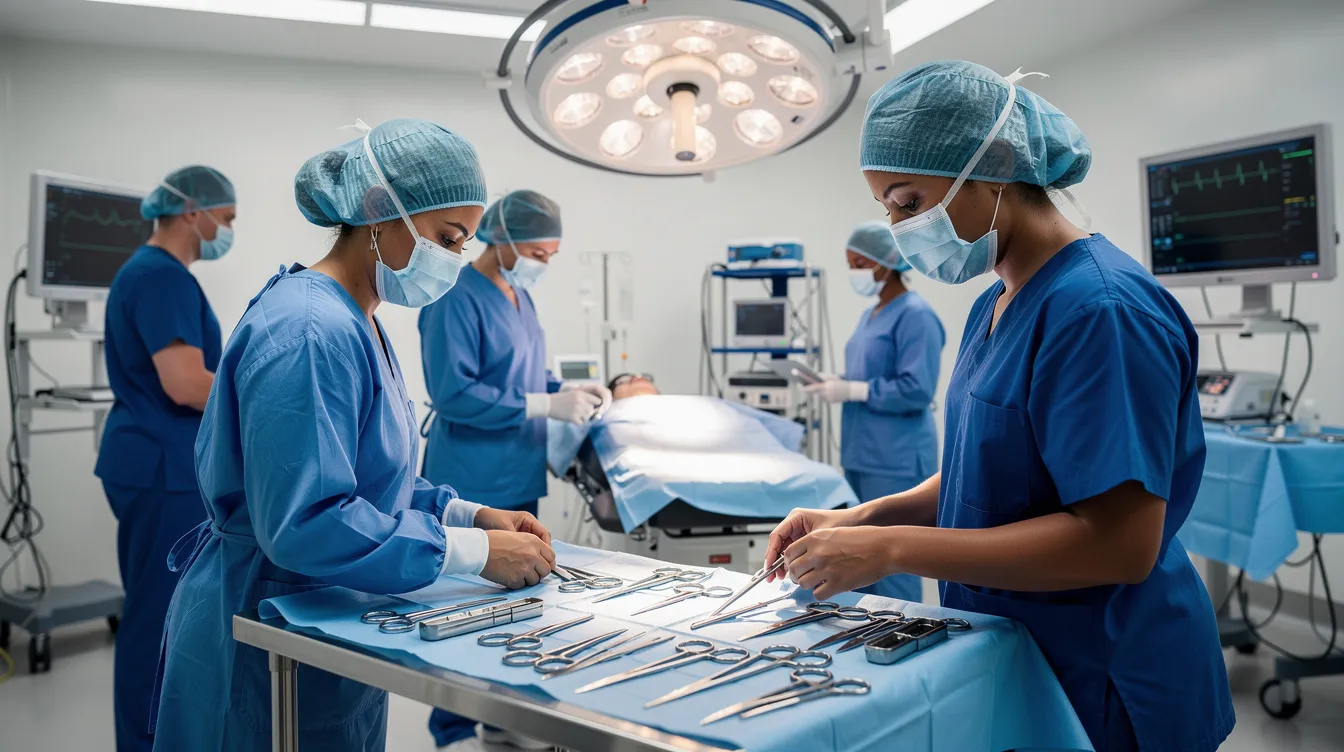 The image shows a surgical team dressed in blue scrubs, meticulously preparing various instruments in a modern operating room, ready for a surgical procedure aimed at helping patients with excess skin and fat, such as those undergoing body lift surgery after significant weight loss. The atmosphere is focused and professional, reflecting the importance of safety and precision in plastic surgery.