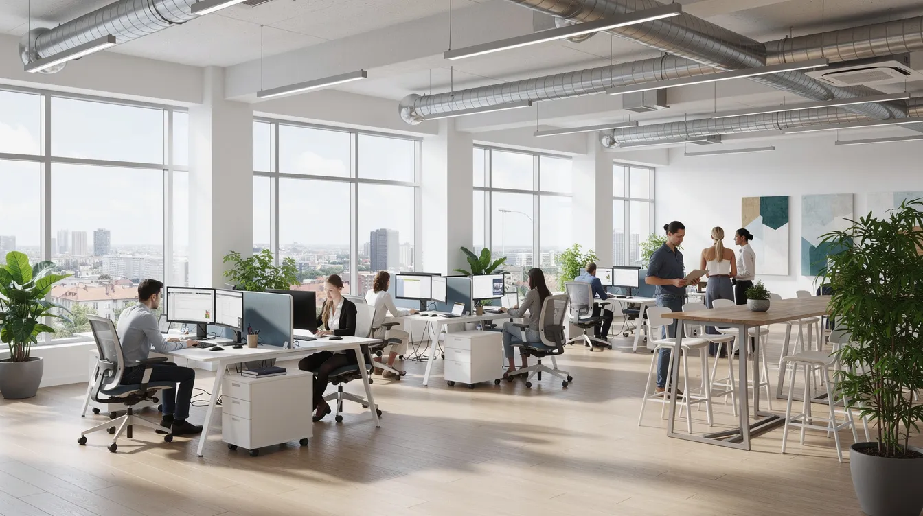 Billedet viser et lyst og moderne kontormiljø med store vinduer, hvor medarbejdere arbejder i et behageligt indeklima. Loftet er udstyret med synlige ventilationsarmaturer, der sikrer en optimal drift og et sundt indeklima.