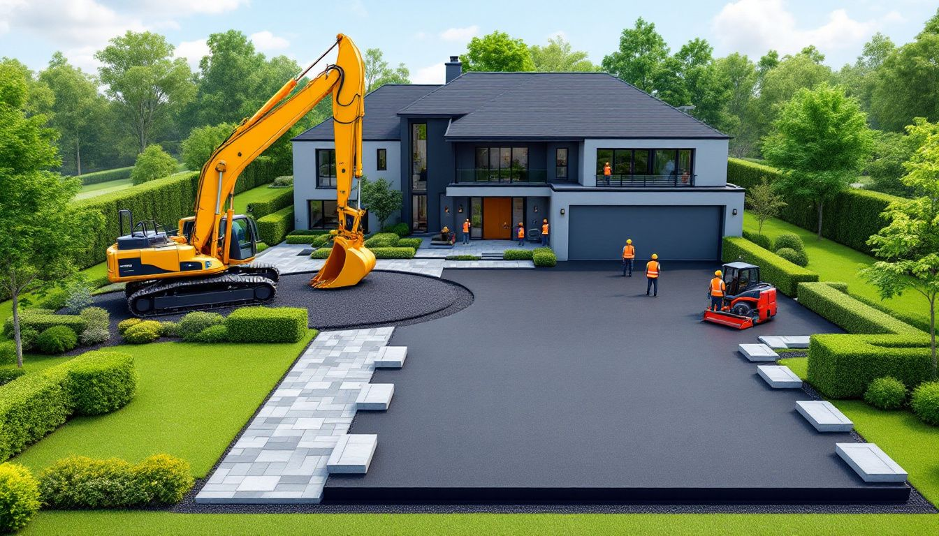 Installation process of driveway paving, showcasing tools and materials.