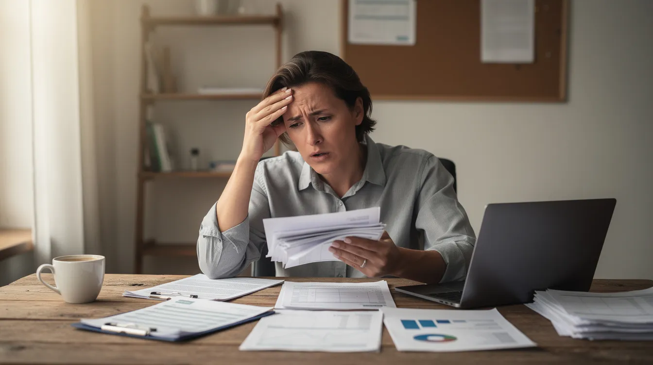 a1783cf4 e240 488e 98d6 75f444d83a47 A small business owner sits at a desk, looking confused while reviewing printed documents, which likely include important financial statements and a detailed project report related to their business loan application. The scene captures the stress of navigating loan approvals and understanding financial projections for their business idea.