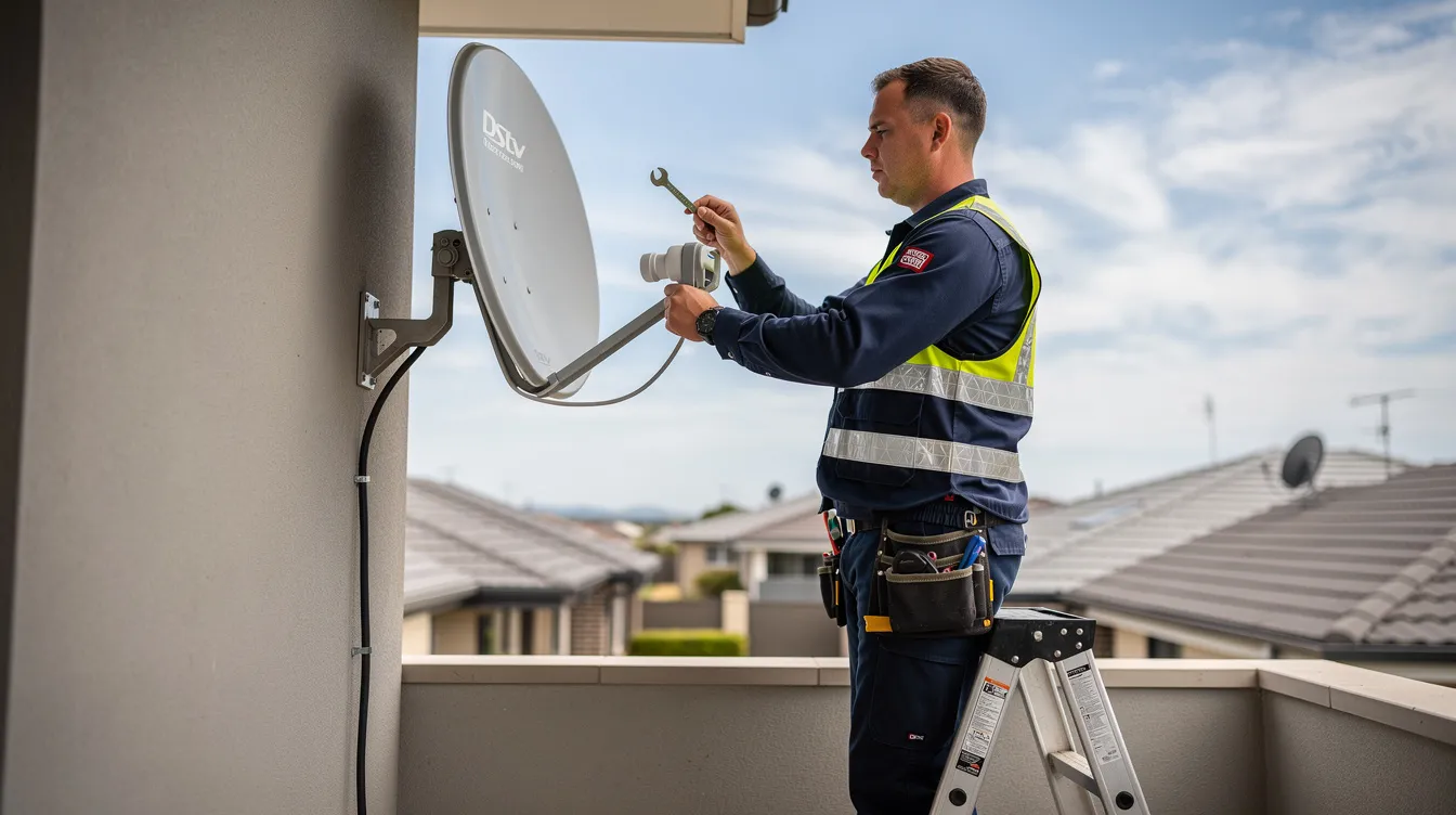 A DStv technician is seen installing a Smart LNB on a satellite dish, showcasing professional DStv installation services. The technician is equipped with tools, ensuring precise alignment for optimal signal reception, highlighting the importance of qualified DStv installers in residential homes.