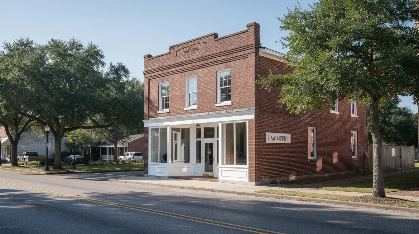 The image depicts a small, professional law office building nestled in a Louisiana town, surrounded by lush green trees under a clear blue sky. This inviting setting is ideal for clients seeking legal assistance with social security disability benefits and other related services.