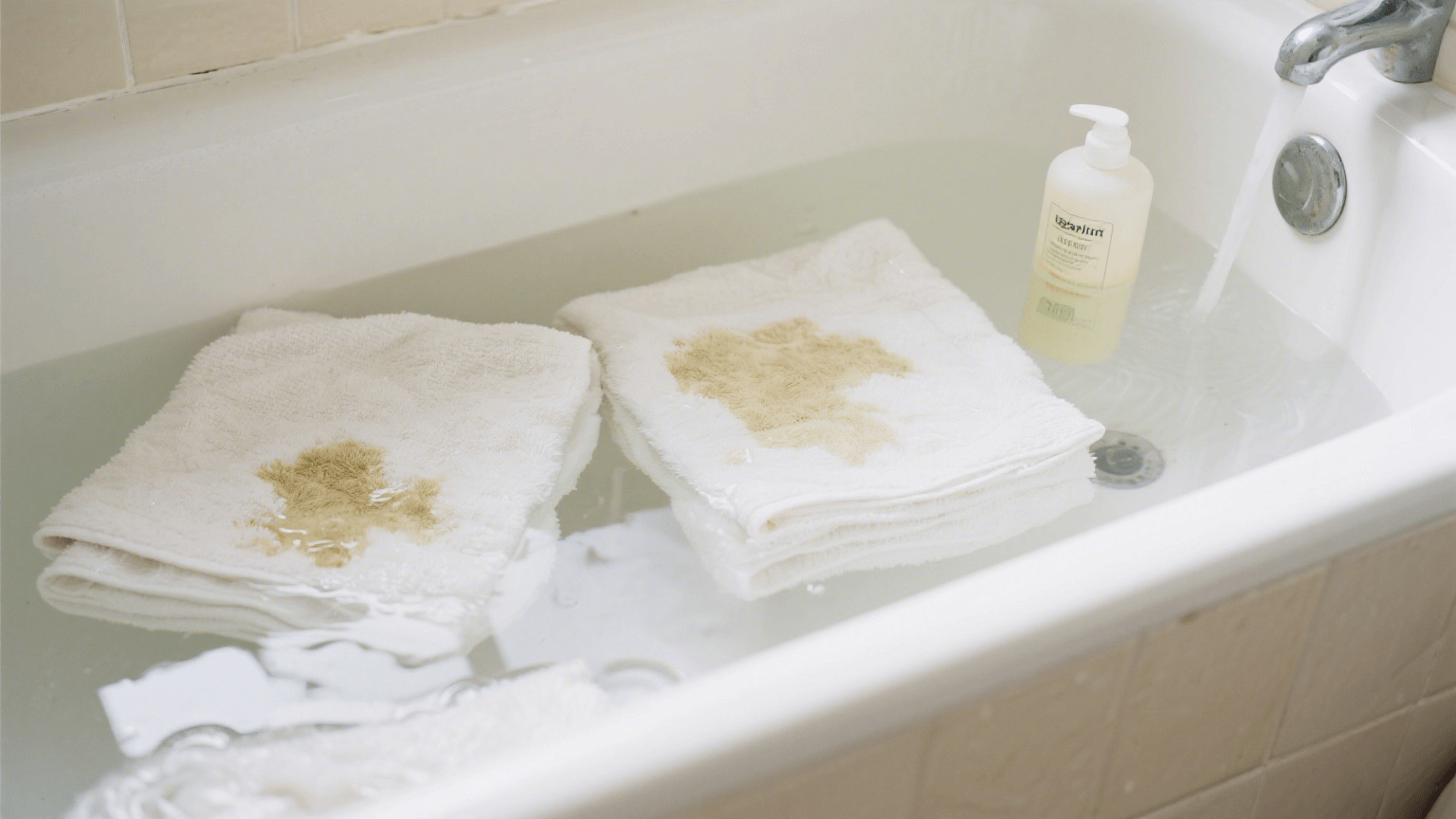 A dozen soiled white towels were left soaking in the bathtub.
