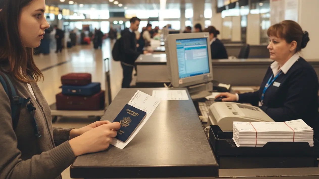 Manual check-in airport counter reviewing onward ticket proof before boarding