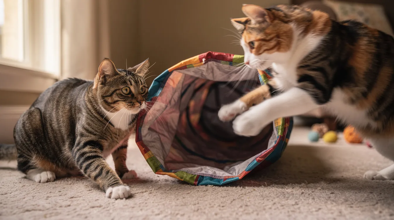Two playful cats are enjoying a lively play session near the entrance of a colorful rainbow cat tunnel, with one cat crouching low while the other leaps into the air, showcasing their natural instincts and love for exploration. The plush exterior of the tunnel provides a fun space for them to hide and play together.