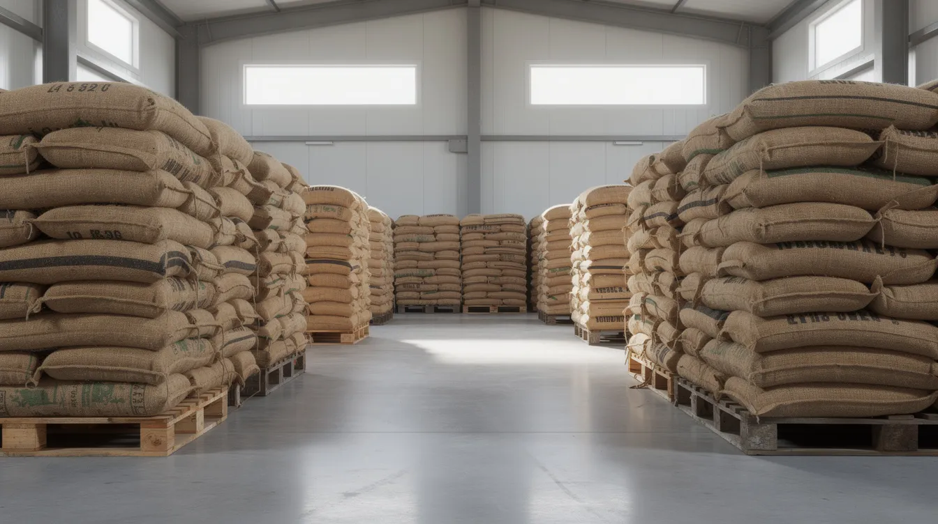 a17e5413 1528 4f19 8284 7089fb062e0c The image depicts stacked burlap sacks of grain in a clean warehouse, featuring concrete floors and ventilation openings, essential for the poha manufacturing process. These sacks likely contain raw materials such as rice and paddy, crucial for producing flattened rice or poha, which is in demand in the food industry.