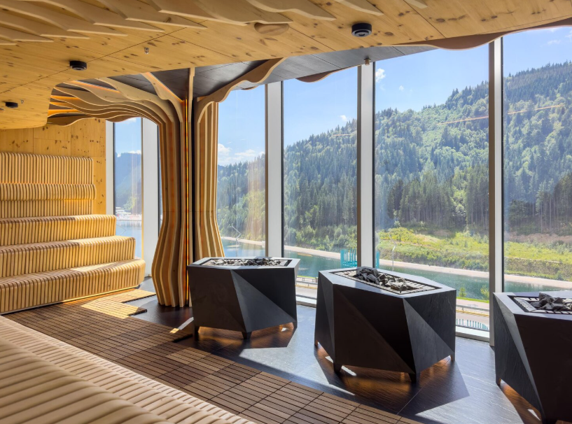 Luxury sauna with mountain views