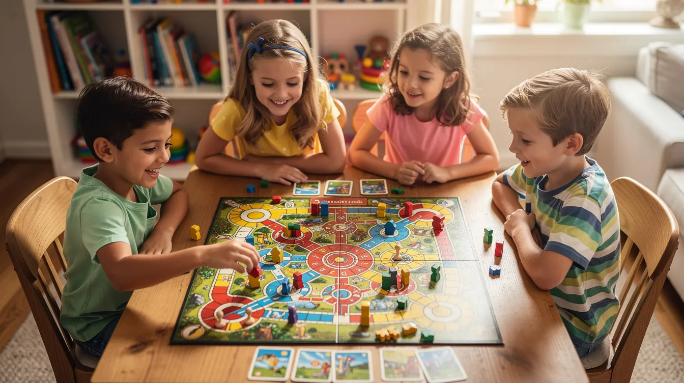 The image shows a group of children engaged in a colorful strategy board game at a table, showcasing their problem-solving and social skills as they interact and communicate with each other. This scene reflects the importance of concrete thinking and flexible learning in early childhood development.