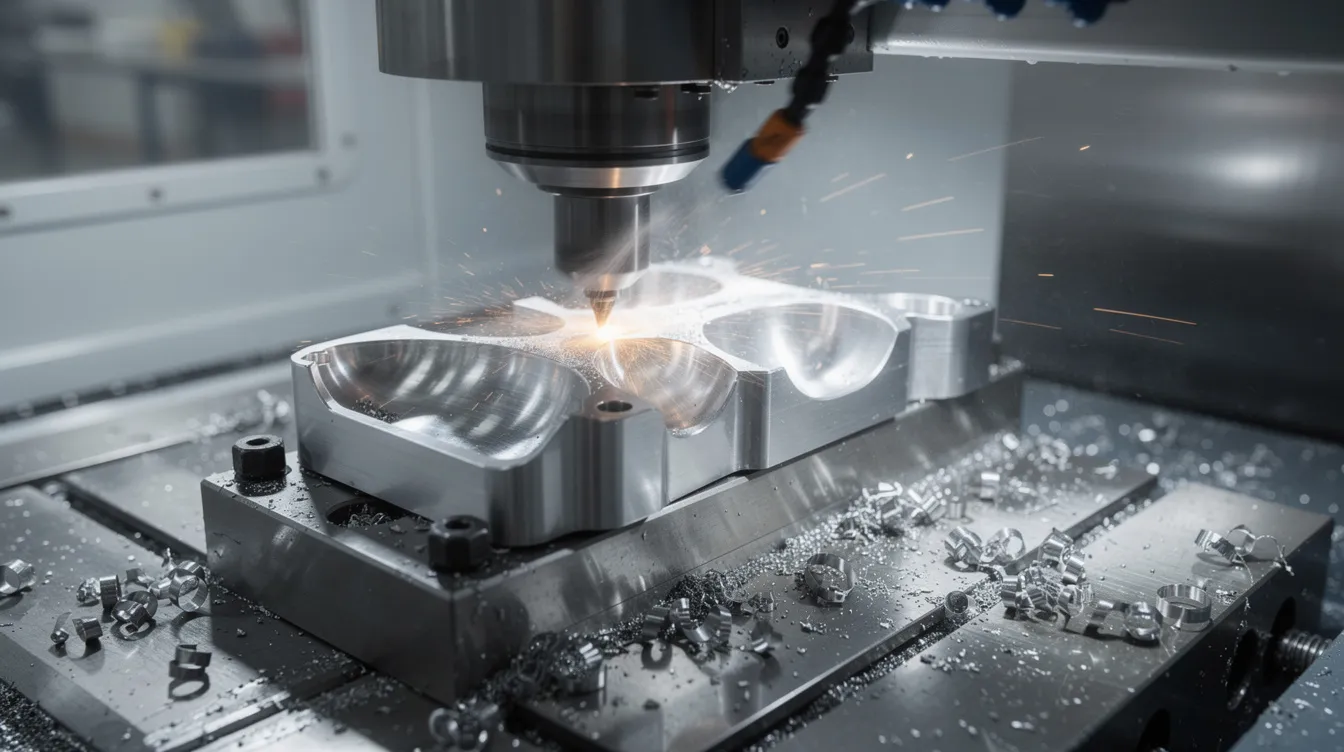 The image depicts a five-axis CNC milling machine actively cutting a complex metal part, with metal shavings scattered around it. This advanced CNC machine exemplifies precision machining and is commonly used by top CNC machining companies for creating high precision machined parts.
