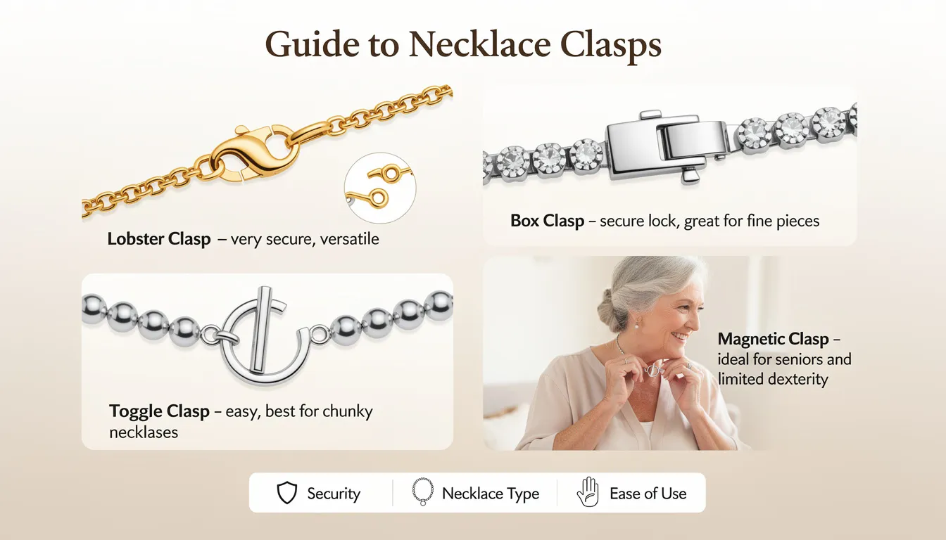 The image showcases various types of jewellery clasps, including lobster clasps, toggle clasps, and magnetic clasps, highlighting their unique designs and functionalities. Each clasp is displayed against a neutral background, emphasizing their secure holds and suitability for different jewellery pieces, such as necklaces and bracelets.