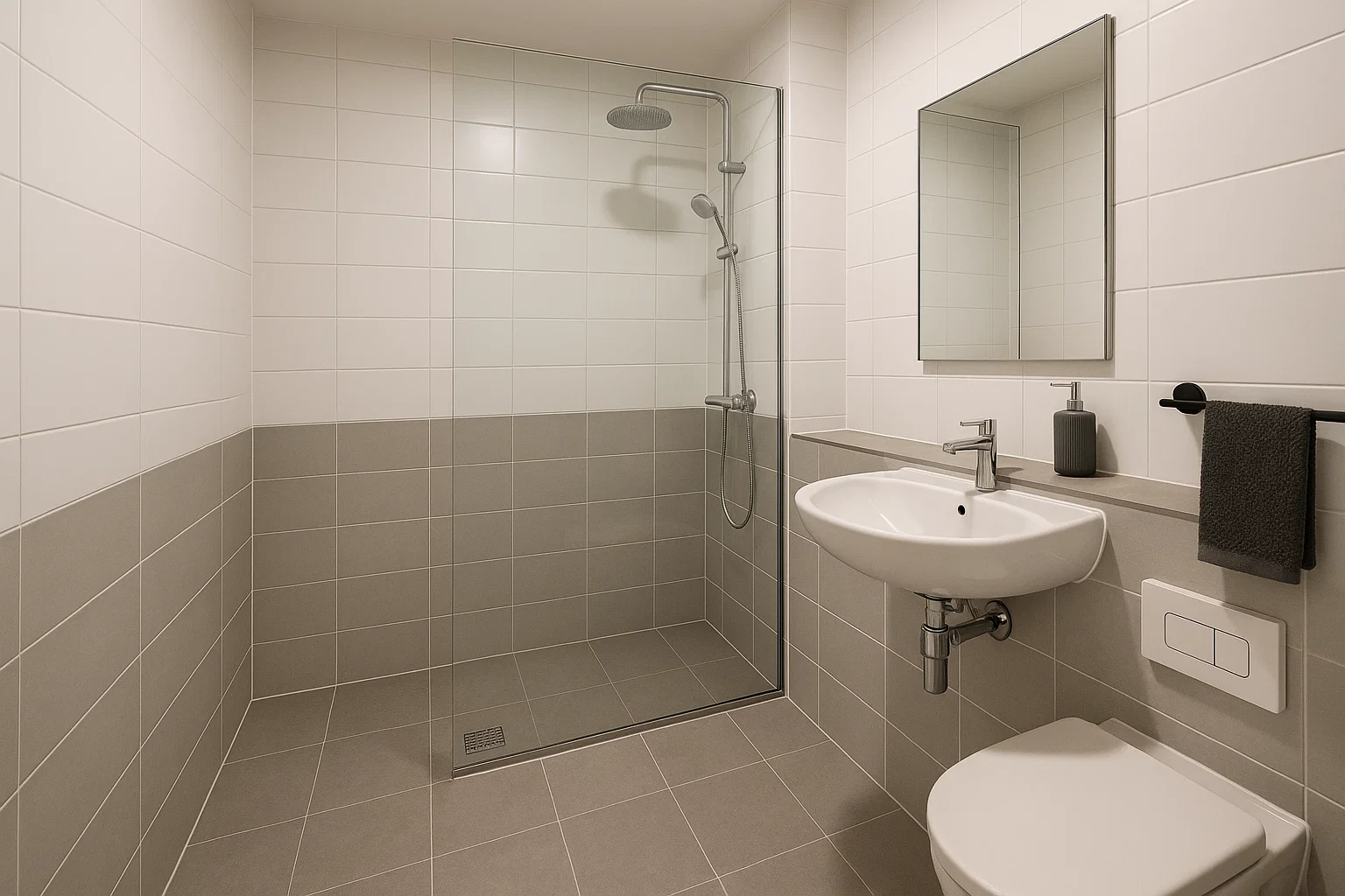 Space-saving wet room with glass screen and floor drain in a small modern UK bathroom.