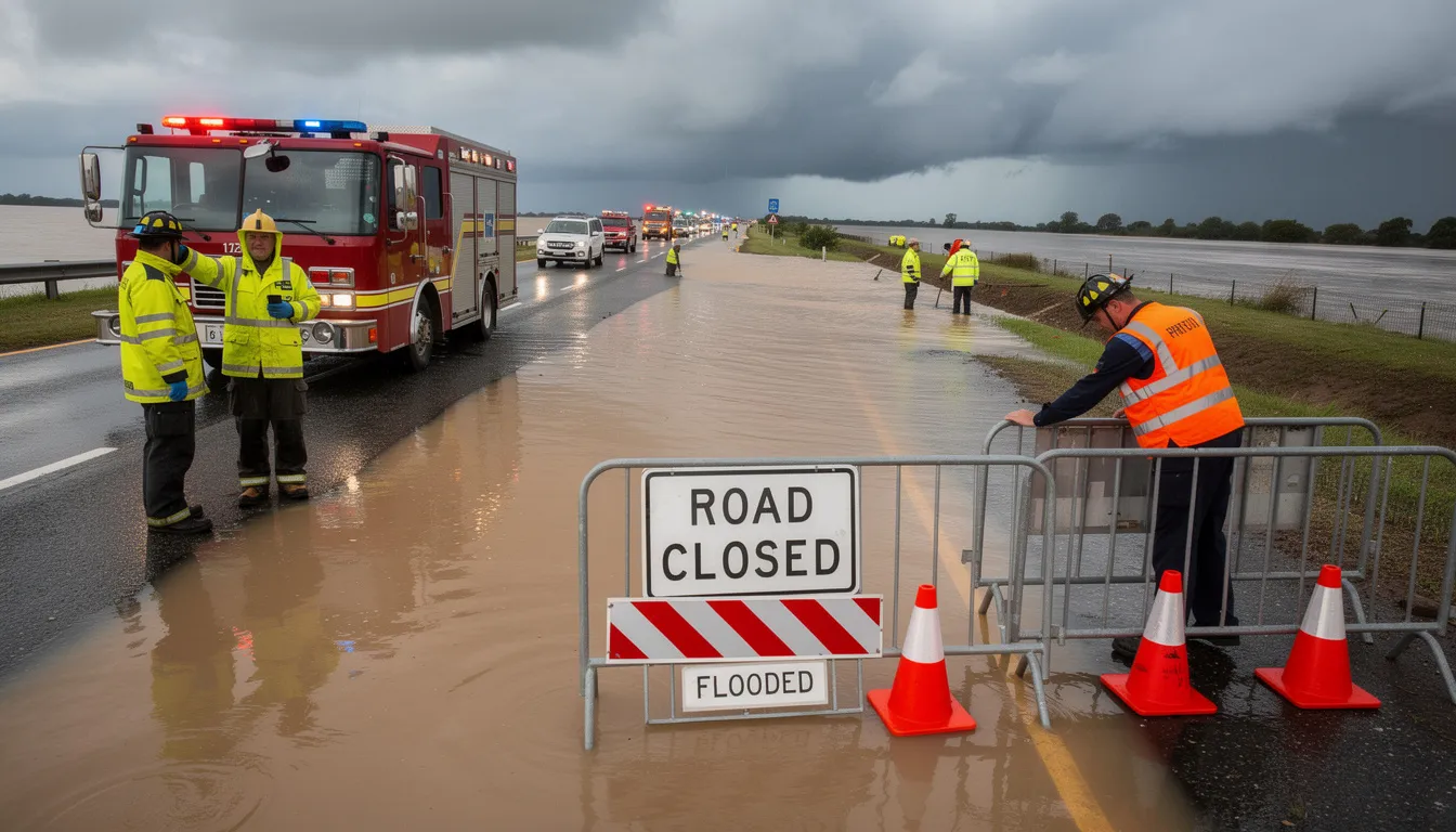 The image depicts emergency responders near a flooded road, surrounded by warning barriers indicating the flood risk in the area. The scene highlights the efforts of first responders in central Texas as they manage the aftermath of severe flooding, with swift water rescue teams on standby to assist those affected by the heavy rains.