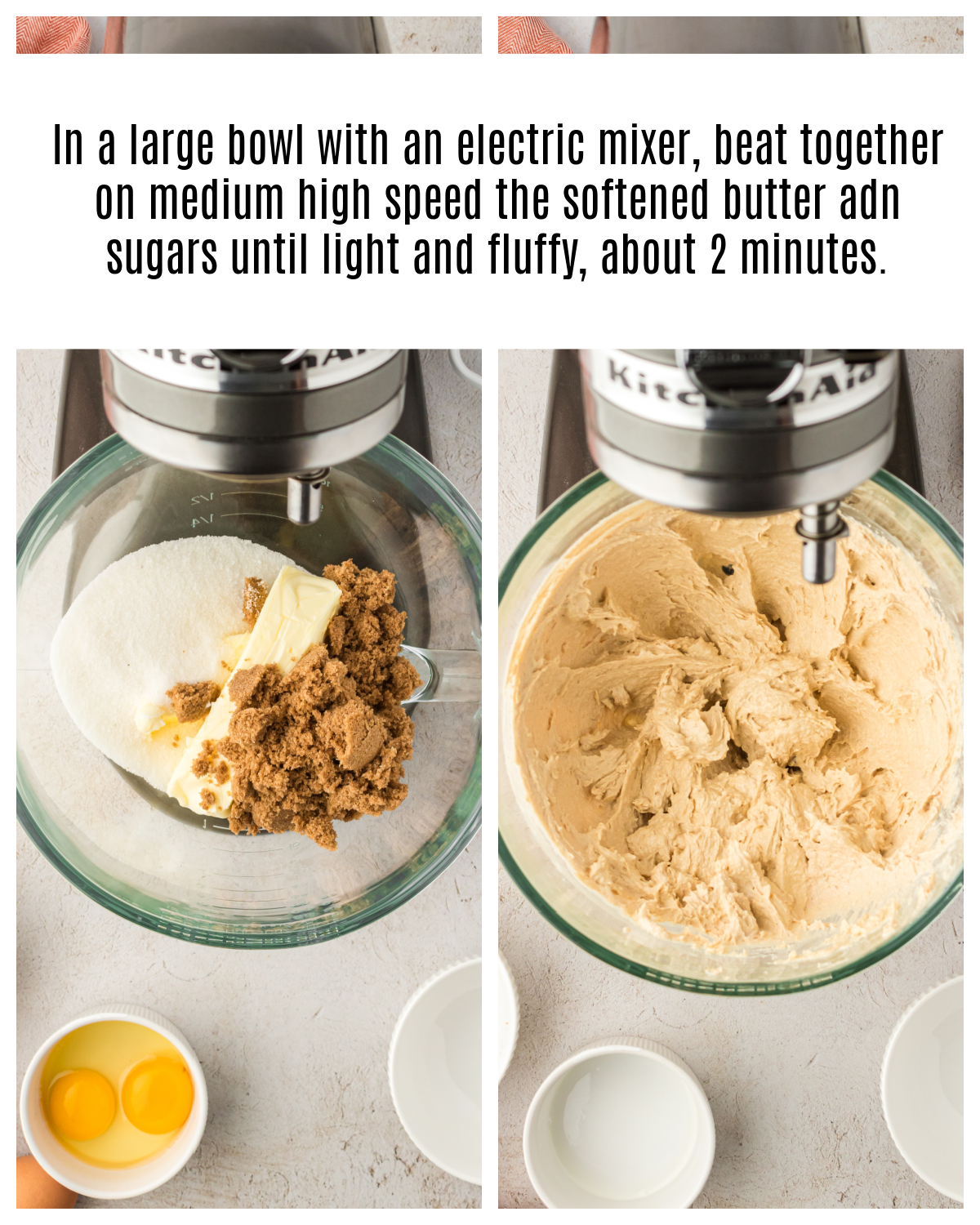 butter, sugar, and brown sugar creamed together in stand mixer bowl