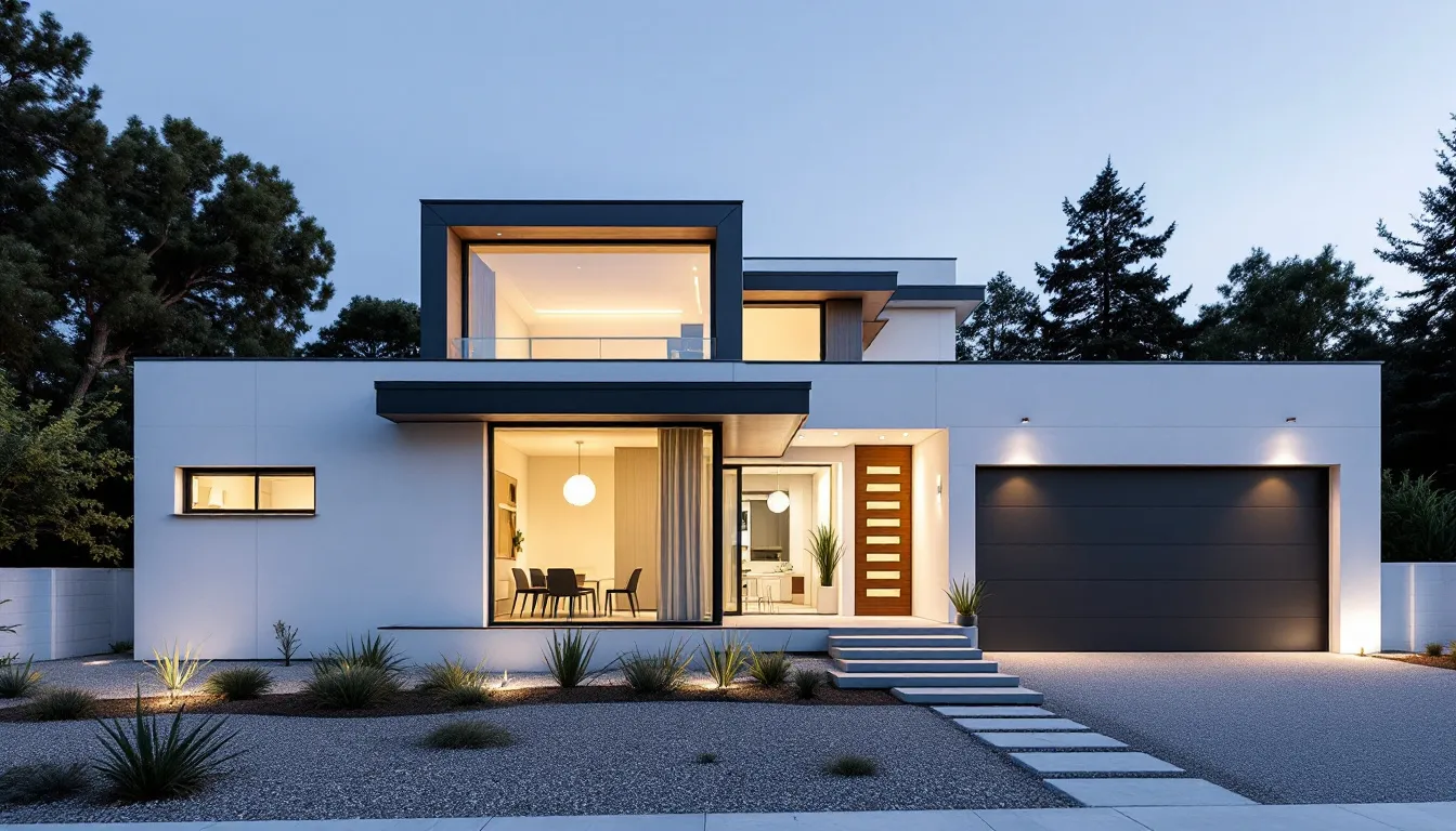 Een modern huis met stijlvolle twee-tone aluminium kozijnen in leigrijs en staalblauw, die een eigentijdse uitstraling geven. De combinatie van kleuren en de afwerking van de kozijnen zorgen voor een aantrekkelijke lichtinval en een duurzame look.
