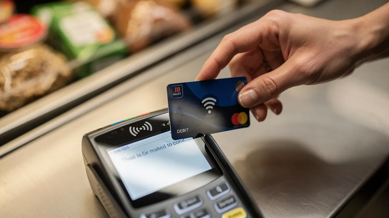 Nahaufnahme einer Hand, die eine kontaktlose EC-Karte auf ein Zahlungsterminal in einem Lebensmittelgeschäft tippt. Diese Transaktion zeigt die moderne Nutzung von bargeldlosem Bezahlen und die Vorteile der Sicherheit und Schnelligkeit beim Einkauf.