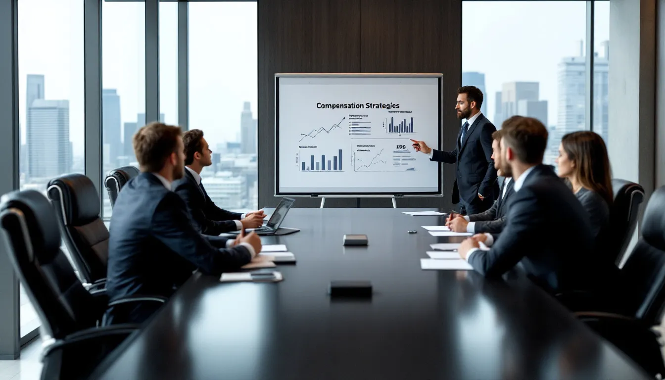 A group of professional executives is seated around a large conference table in a boardroom, engaged in a discussion about compensation strategies, including supplemental executive retirement plans and deferred compensation agreements. They are analyzing the potential benefits and drawbacks of various retirement plans to enhance future benefit payments for key employees.