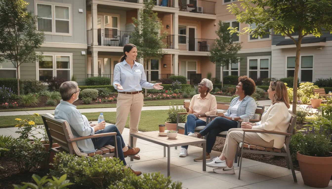 A property manager is engaging in a friendly conversation with residents in a sunny courtyard of an apartment community, fostering open communication channels to address concerns and gather resident feedback. This interaction highlights the importance of resident communication in building satisfaction and creating a stronger sense of community.