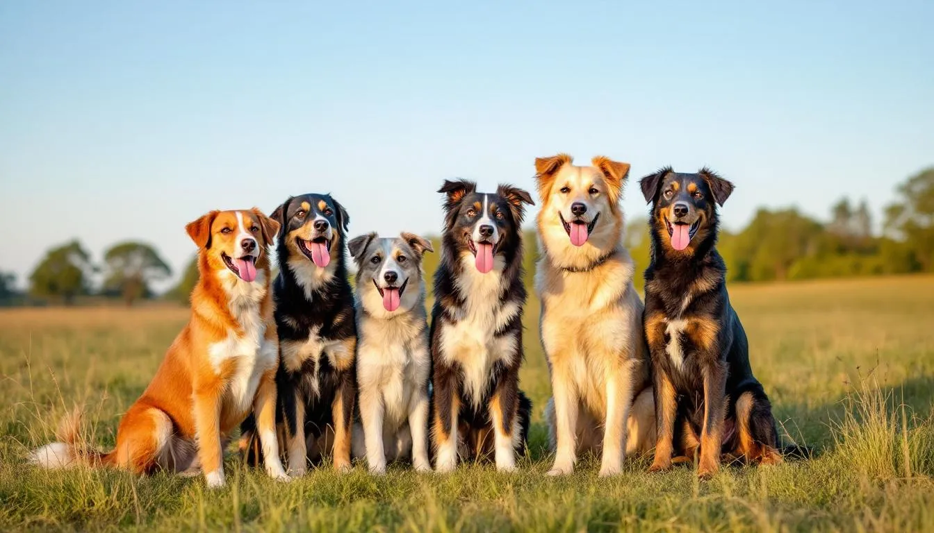 In the image, a group of adult mixed breed dogs of various sizes stands together, showcasing the diversity of dog breeds. Each dog displays its unique characteristics, representing the healthy growth and maturity of mixed breeds, which can vary significantly in size and appearance.