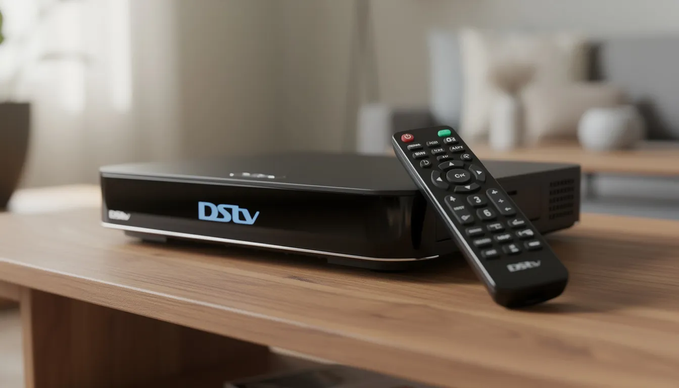 A close-up view of a DStv decoder and its remote control is displayed on a living room shelf, showcasing the essential components for enjoying satellite television. This image highlights the importance of professional DStv installation services and reliable technicians to ensure optimal signal reception and customer satisfaction.