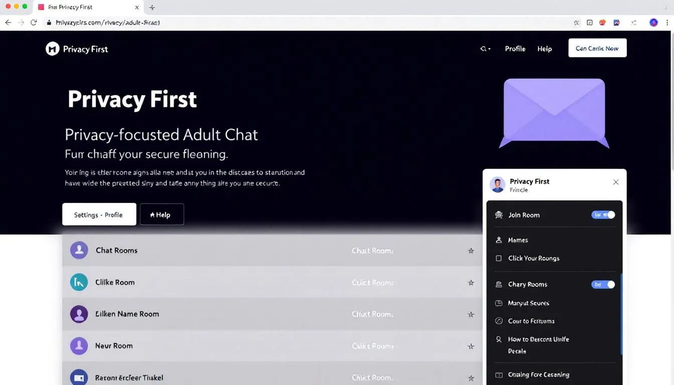 The image depicts a website interface showcasing key features of a privacy-focused adult chat platform, emphasizing anonymous chatting and secure communication through private messages and video chat. It highlights options for users to remain anonymous, protect personal information, and engage in meaningful connections while ensuring data protection and security.