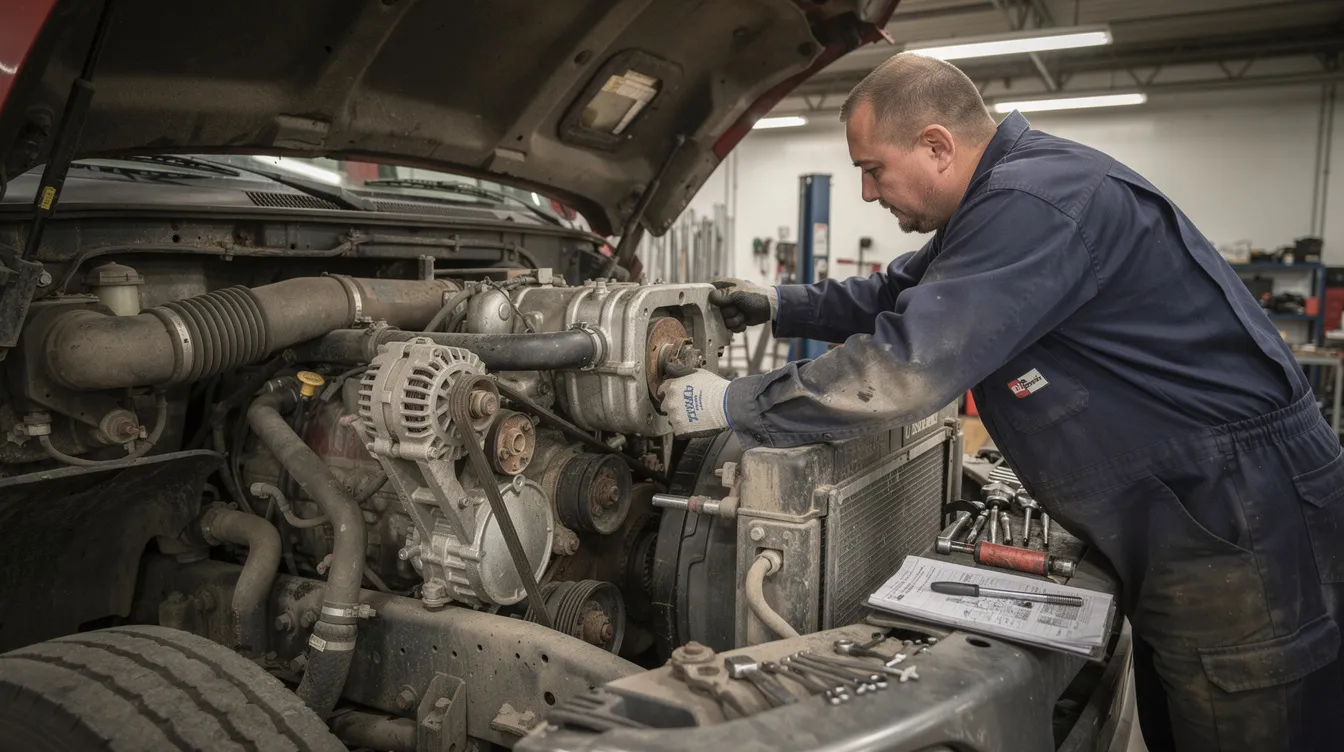 A mechanic is installing an engine auxiliary water pump on a diesel truck engine, focusing on connecting hoses and ensuring the pump fits securely within the engine block. This crucial component helps maintain the cooling system's efficiency to prevent overheating and coolant leaks.