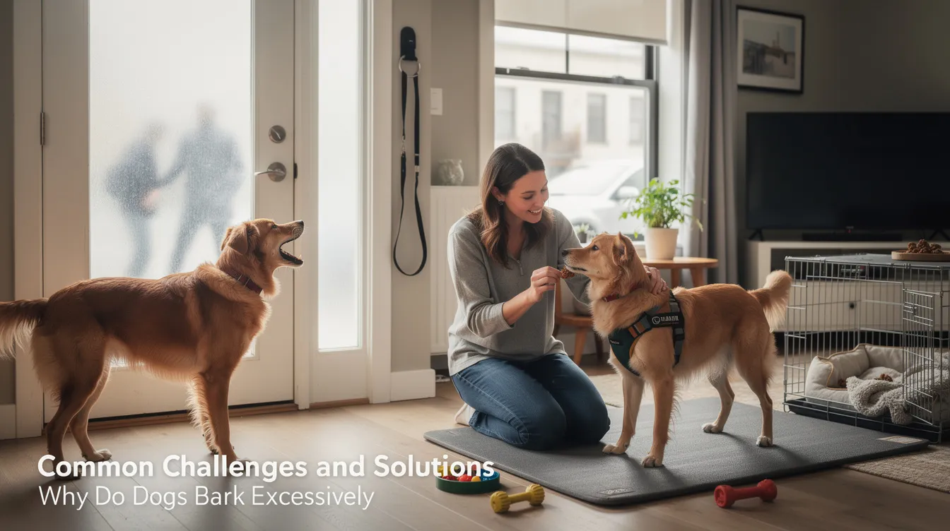 The image depicts a frustrated dog barking excessively in a living room, with a concerned pet parent observing nearby. This scene illustrates common challenges faced by dog owners, such as separation anxiety and territorial behavior, highlighting the need for solutions to reduce excessive barking.