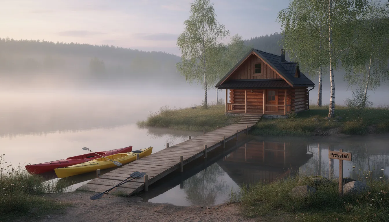 Na zdjęciu widoczny jest drewniany domek letniskowy położony nad brzegiem spokojnego jeziora, z pomostem i kajakami, idealny na aktywny wypoczynek. To przytulne miejsce sprzyja rodzinnych wakacjom i relaksowi w otoczeniu natury.