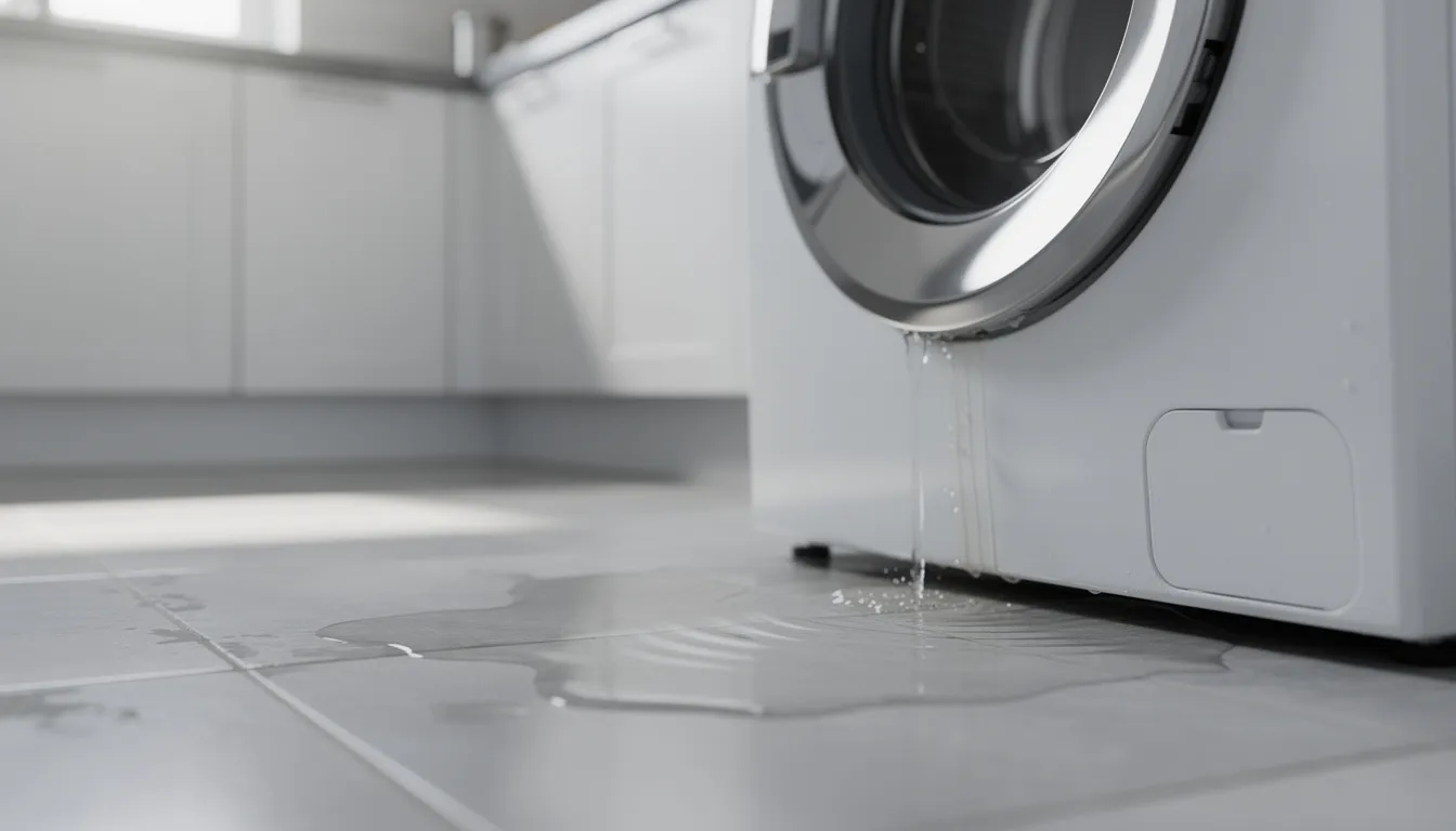 The image shows a leaking appliance, likely a washing machine, with water pooling on the floor, indicating potential water damage and the risk of mold growth. This situation may require emergency water removal and professional cleanup services to minimize further damage and ensure a complete restoration of the affected areas.