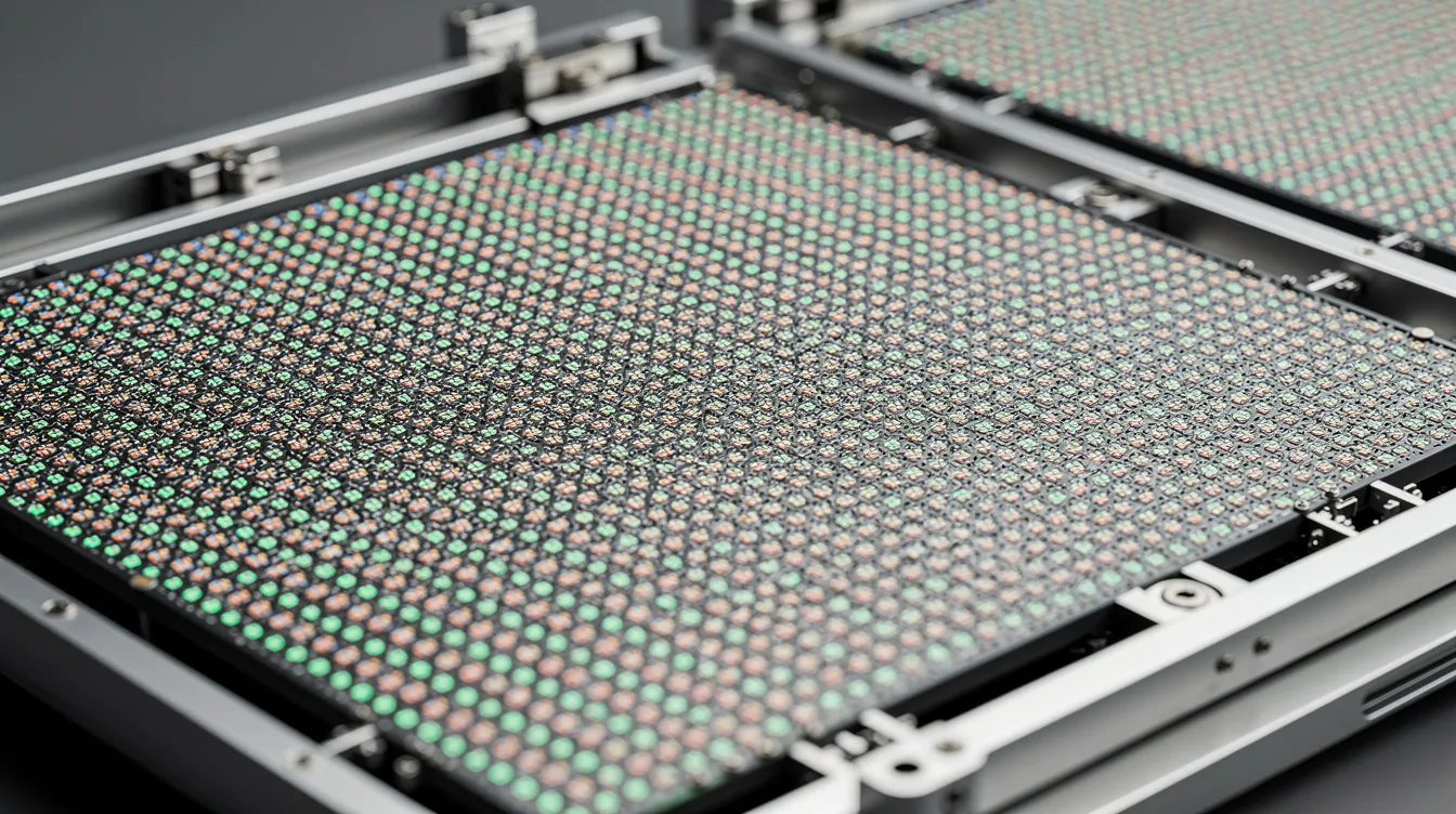 A close-up view of LED panel modules reveals the intricate pixel grid and the edges of the cabinet, showcasing the quality and design of the video wall. This detailed image emphasizes the importance of pixel pitch and resolution in creating a bright, high-quality display for events and installations.