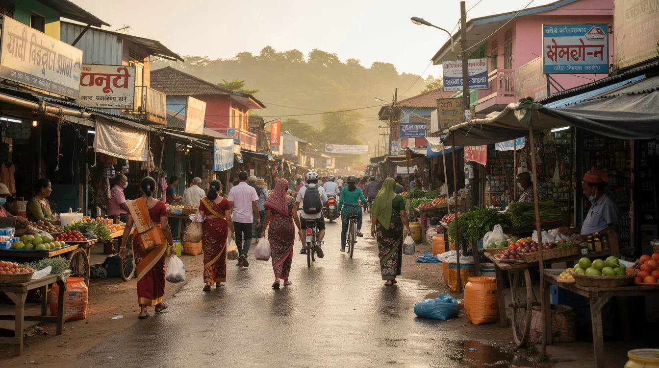 The image depicts a bustling market street in an Assam town, filled with various shops selling local goods and pedestrians navigating through the vibrant scene. This lively environment showcases the rich cultural heritage and presents numerous small business ideas, such as tea processing and local retail stores, catering to the community's needs.