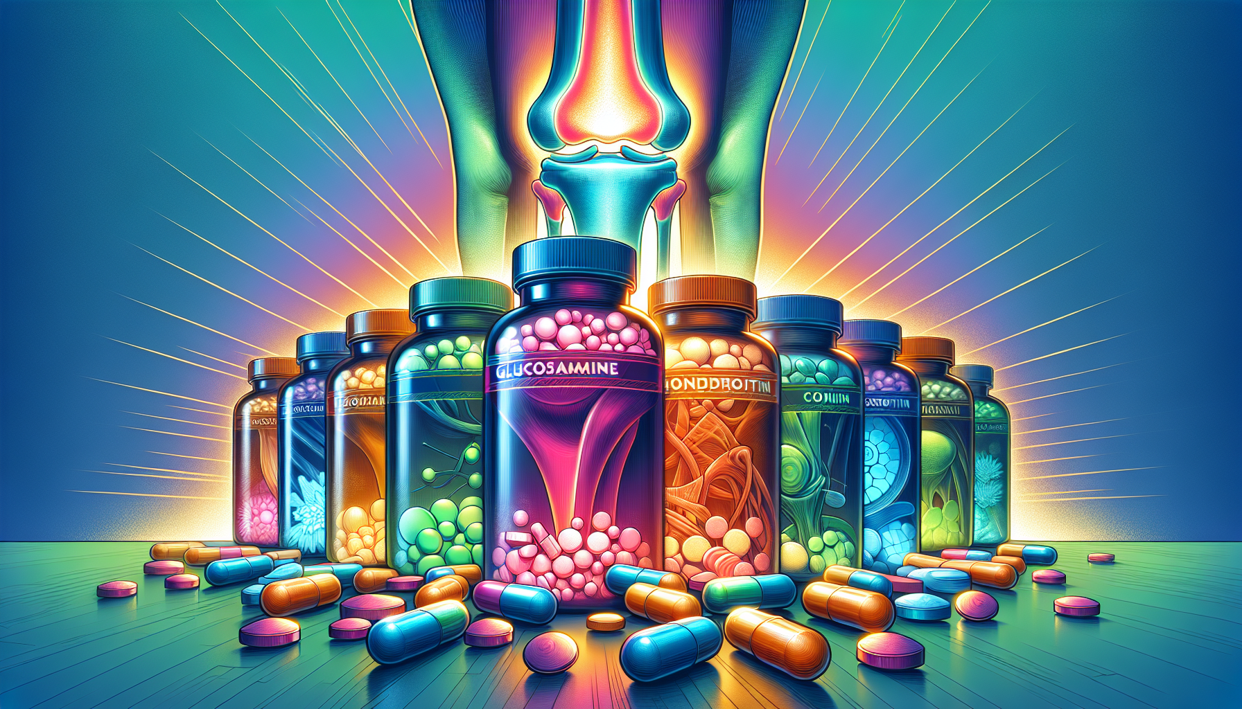 Illustration of glucosamine and chondroitin supplements for joint health.