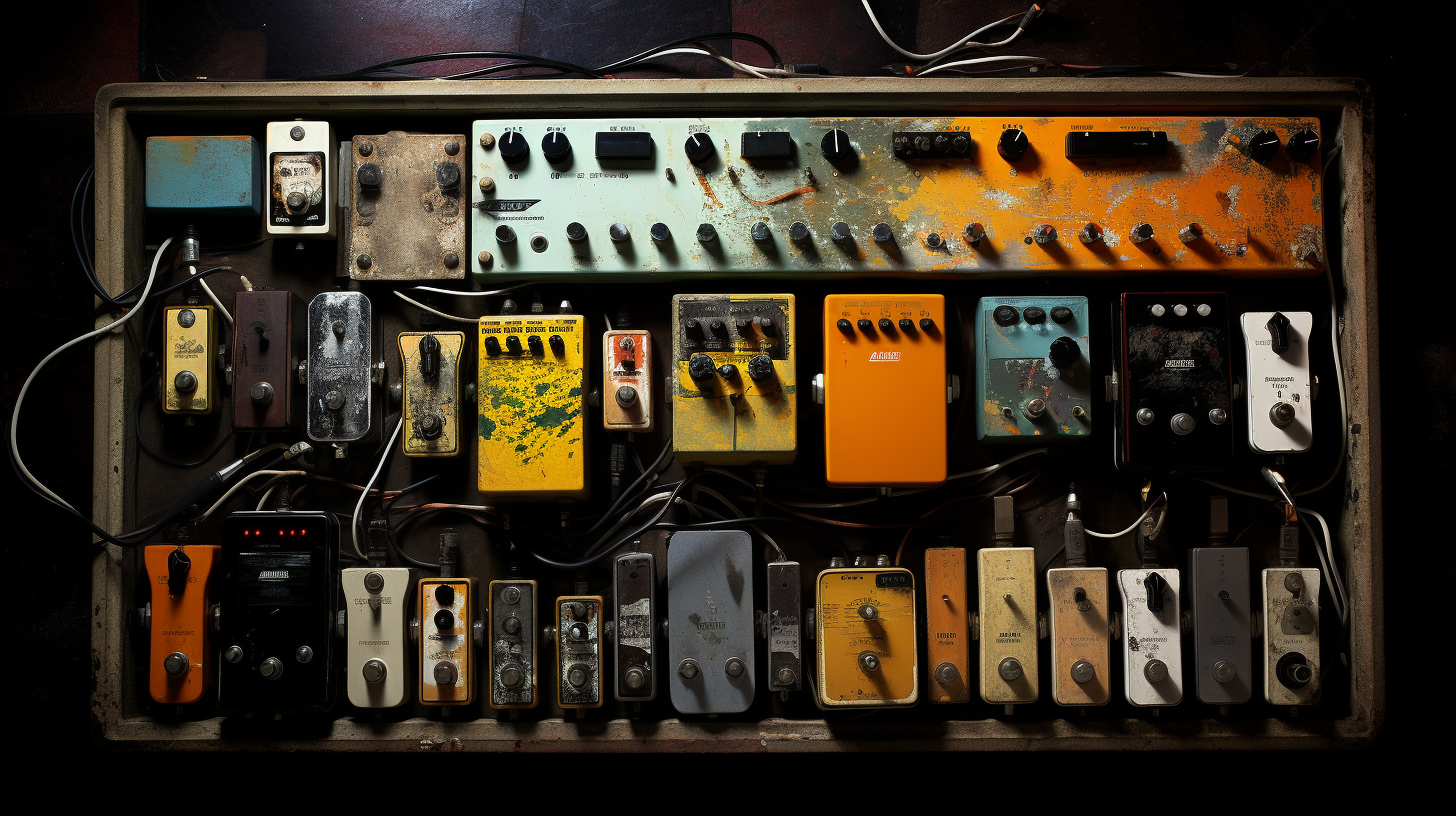 guitar pedal board with lots of effects processing