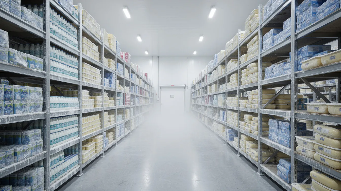 a19173fd efbd 462d b66e a01493926805 The image depicts a large industrial cold storage room filled with neatly organized shelves of packaged dairy products, showcasing the scale of milk processing in the dairy sector. This setting highlights the importance of operational efficiency and value addition in the management of dairy farms globally.