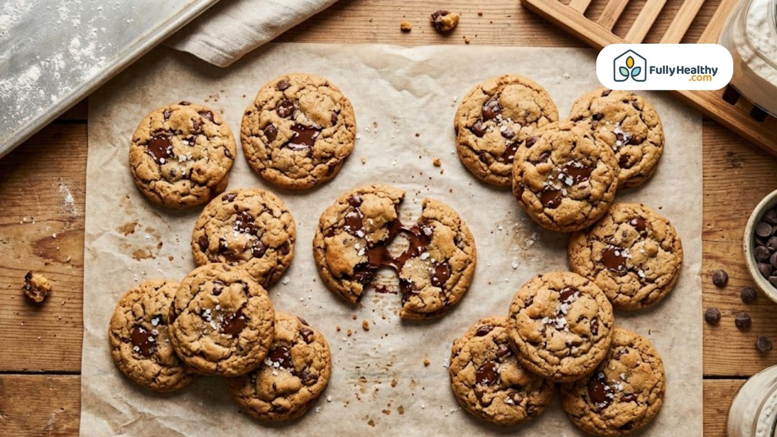 Freshly baked chocolate chip cookies arranged on parchment paper with crumbs