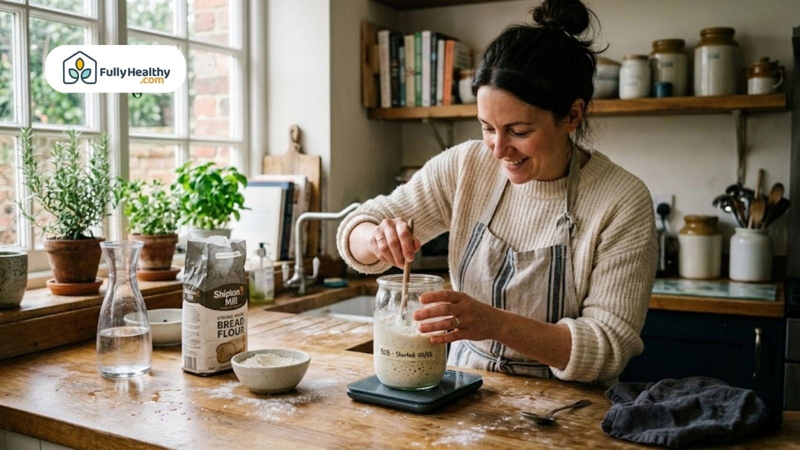 Woman feeding sourdough starter in a glass jar on a kitchen scale.