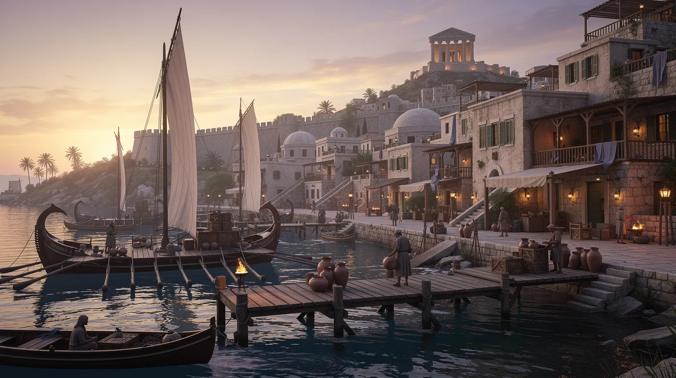 The image depicts an ancient Mediterranean coastal city at dusk, featuring stone buildings, bustling harbors, and sailing ships, reflecting the Greco-Roman culture and the vibrant life during the Roman Empire. This setting evokes the historical context of early Christianity, where early Christians navigated their faith amidst the influences of Greek philosophy and local pagan religions.