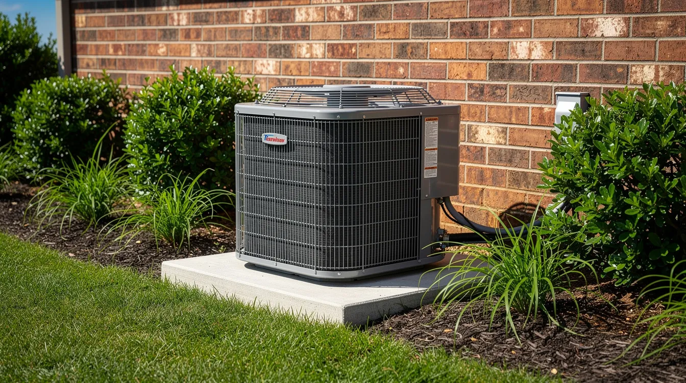 A Trane outdoor air conditioning condenser unit is positioned on a concrete pad next to a brick home, surrounded by lush green landscaping typical of summer. This energy-efficient AC unit is designed for optimal cooling performance and humidity control, contributing to energy savings during the annual cooling season.