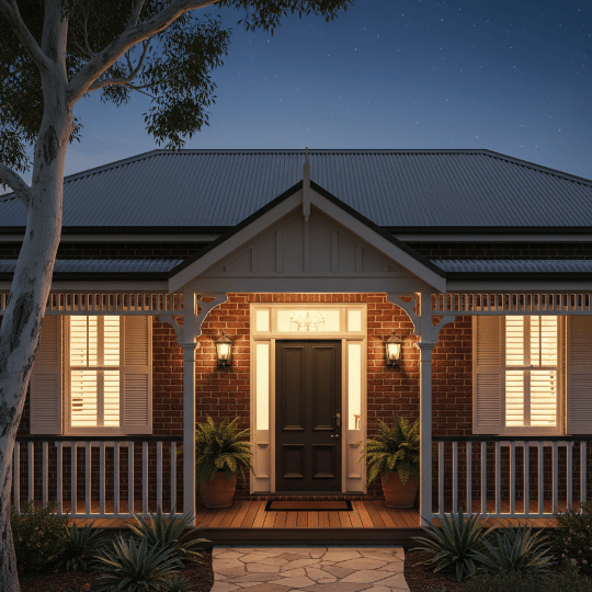 Pair of coach-style outdoor wall lights lighting a porch entry.