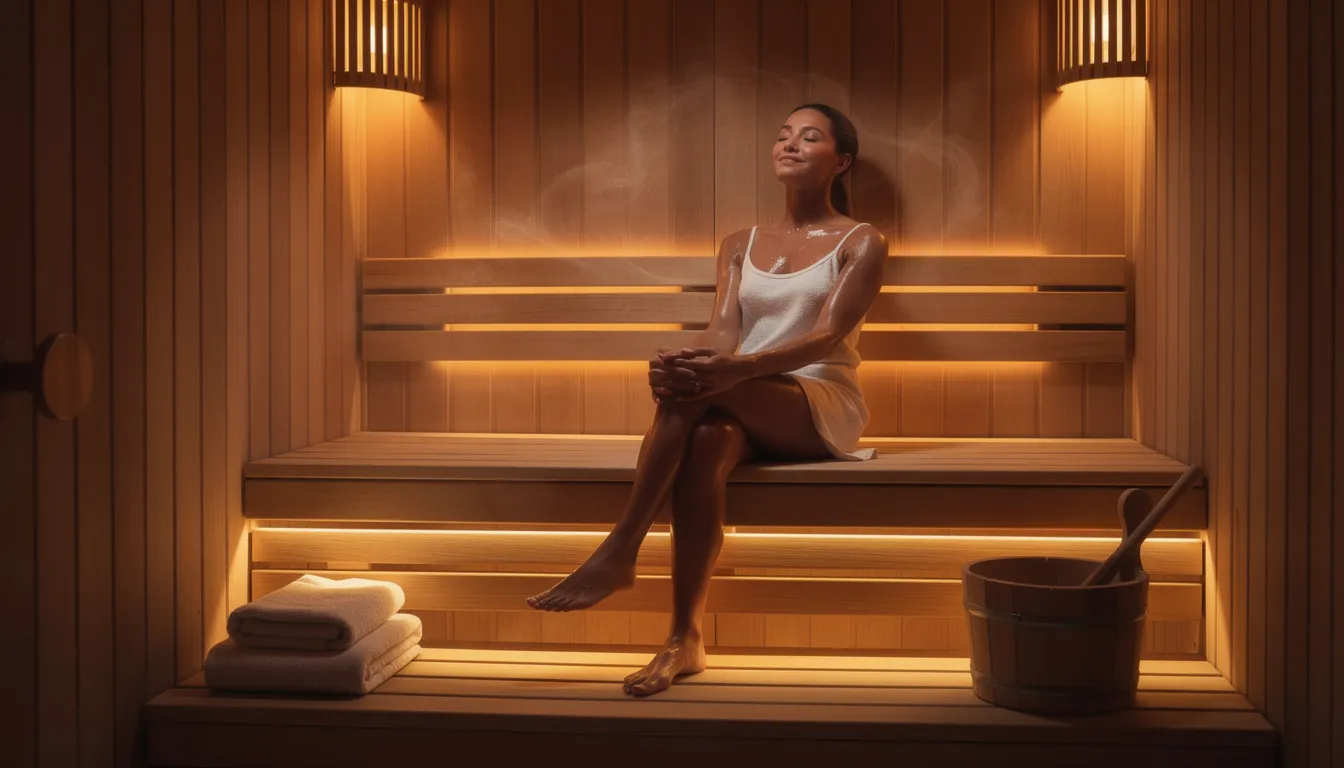 A person is relaxing in a serene, dimly lit sauna environment, surrounded by warm ambient lighting that enhances the peaceful atmosphere. This infrared sauna session promotes health benefits such as improved circulation and muscle recovery, utilizing infrared heat to support the body's natural healing processes.