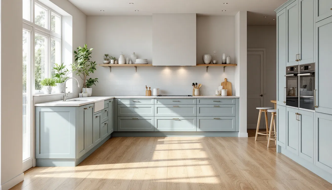The image showcases light oak hardwood floors complemented by Sherwin Williams Sea Salt kitchen cabinets, bathed in natural lighting that enhances the cool blue and gray undertones of the space. The combination of natural wood tones and white trim creates a bright, coastal vibe, perfect for a welcoming kitchen atmosphere.